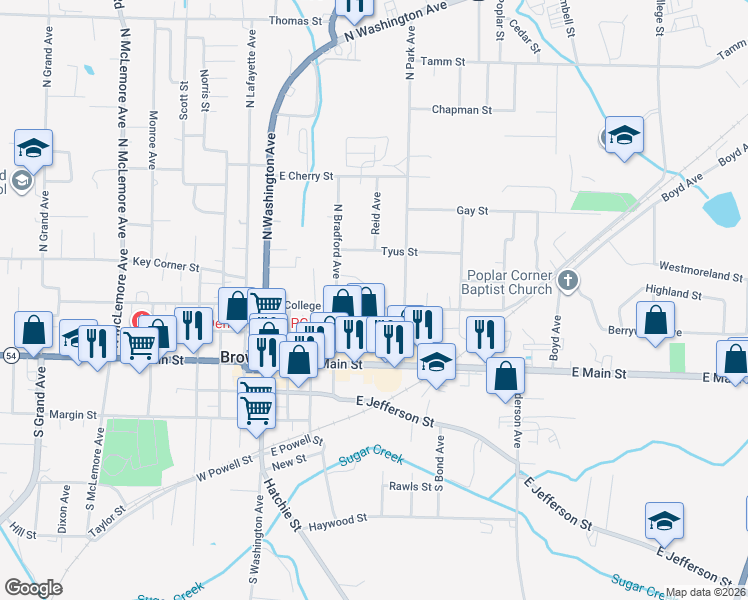 map of restaurants, bars, coffee shops, grocery stores, and more near 403 East College Street in Brownsville