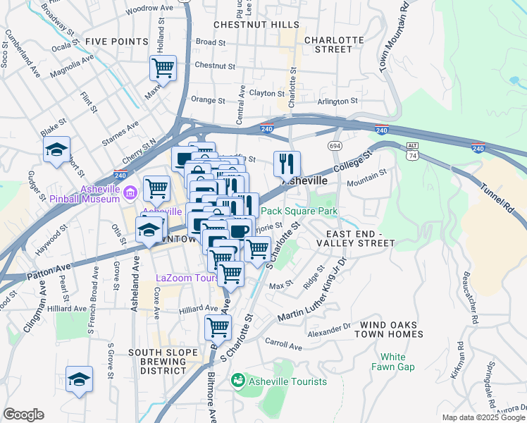 map of restaurants, bars, coffee shops, grocery stores, and more near 60 Court Plaza in Asheville