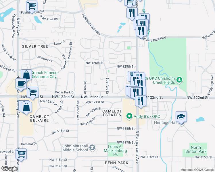 map of restaurants, bars, coffee shops, grocery stores, and more near 2301 Stratford Drive in Oklahoma City