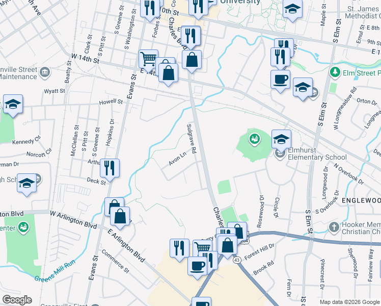map of restaurants, bars, coffee shops, grocery stores, and more near 1615 Sulgrave Road in Greenville