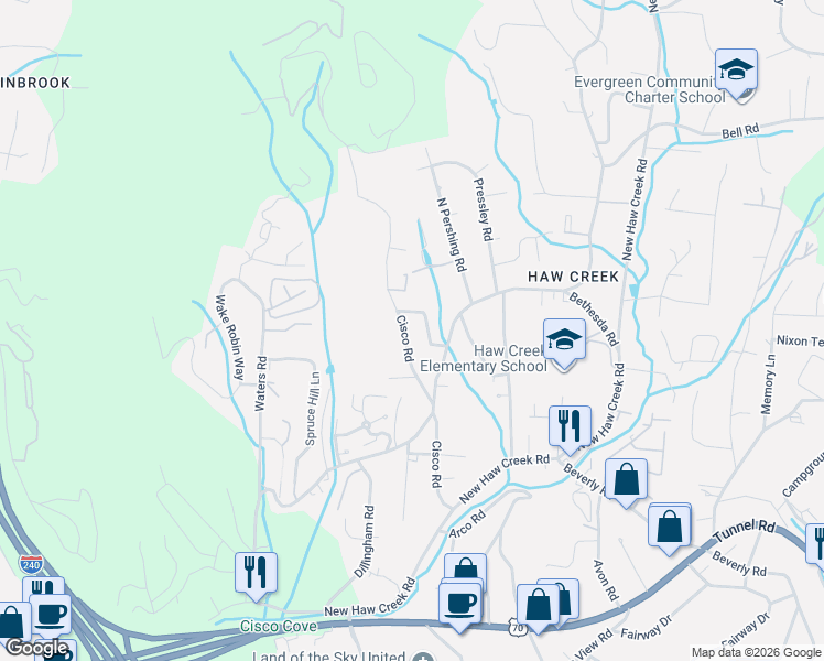 map of restaurants, bars, coffee shops, grocery stores, and more near 72 Cisco Road in Asheville
