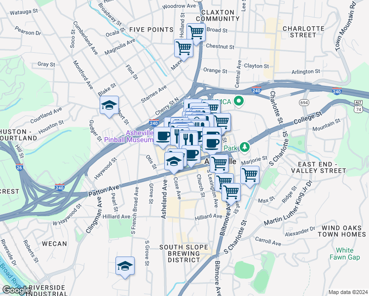 map of restaurants, bars, coffee shops, grocery stores, and more near 68 Rankin Avenue in Asheville
