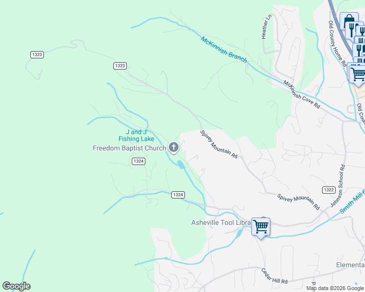 map of restaurants, bars, coffee shops, grocery stores, and more near 81 Rice Road in Asheville