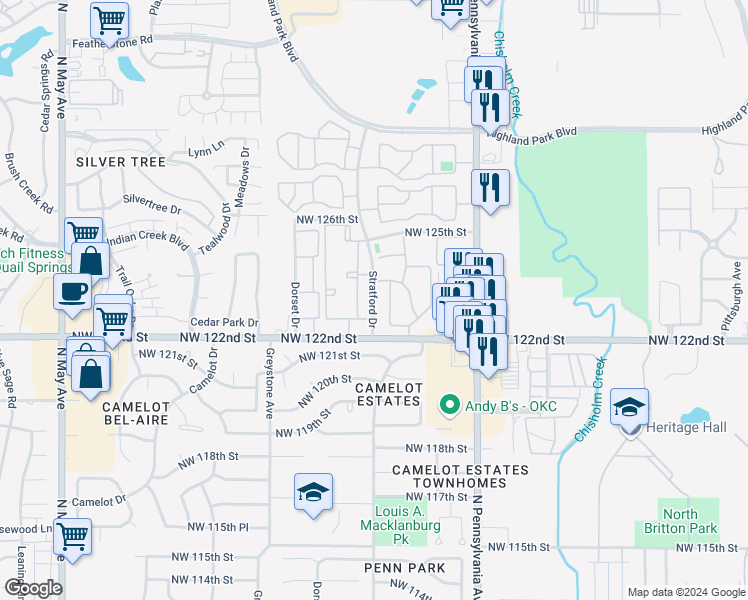 map of restaurants, bars, coffee shops, grocery stores, and more near 2301 Stratford Drive in Oklahoma City