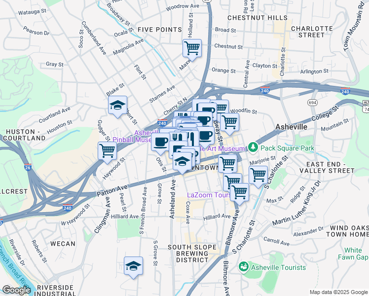 map of restaurants, bars, coffee shops, grocery stores, and more near 37 Page Avenue in Asheville