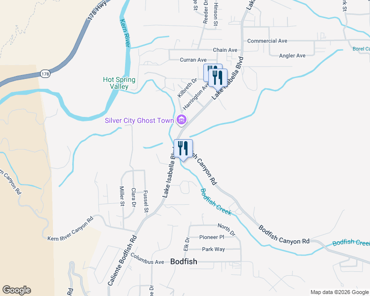 map of restaurants, bars, coffee shops, grocery stores, and more near 3864 Lake Isabella Boulevard in Bodfish