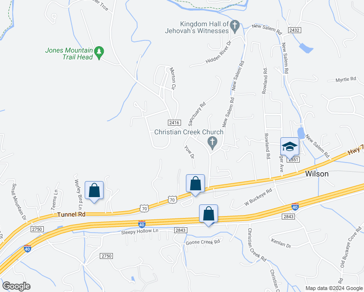 map of restaurants, bars, coffee shops, grocery stores, and more near 18 Yow Drive in Swannanoa