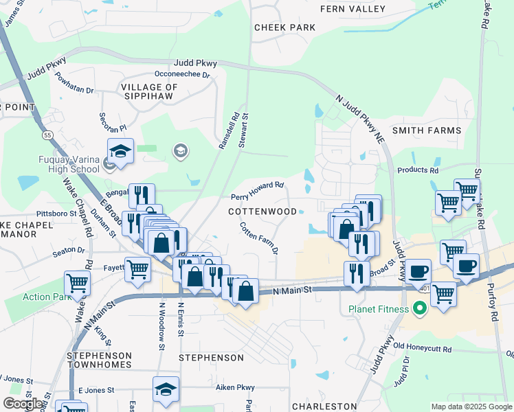 map of restaurants, bars, coffee shops, grocery stores, and more near 724 Papsworth Court in Fuquay-Varina