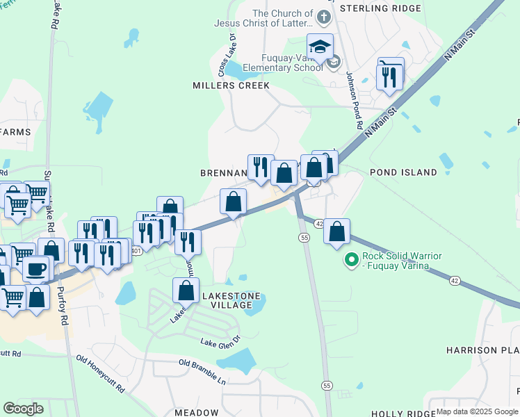 map of restaurants, bars, coffee shops, grocery stores, and more near 1617 North Main Street in Fuquay Varina