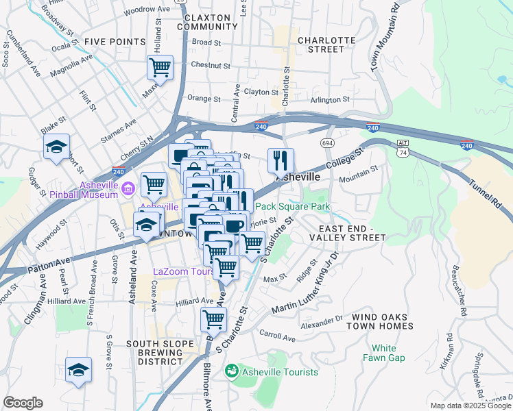 map of restaurants, bars, coffee shops, grocery stores, and more near 60 Court Plaza in Asheville