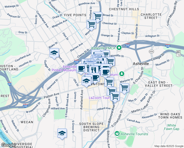 map of restaurants, bars, coffee shops, grocery stores, and more near 68 Rankin Avenue in Asheville