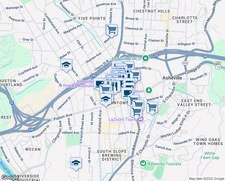 map of restaurants, bars, coffee shops, grocery stores, and more near 84 West Walnut Street in Asheville