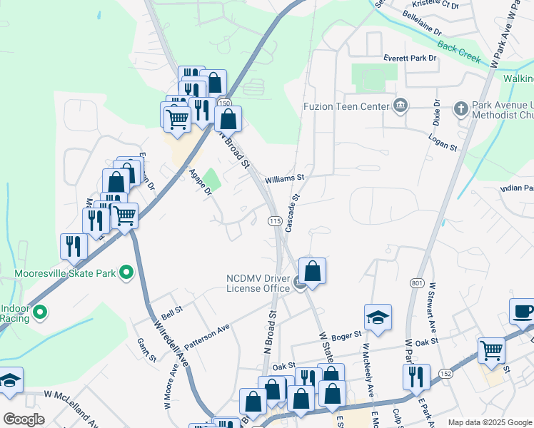 map of restaurants, bars, coffee shops, grocery stores, and more near 632 North Broad Street in Mooresville