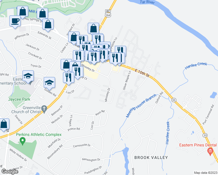 map of restaurants, bars, coffee shops, grocery stores, and more near 3210 Moseley Dr in Greenville