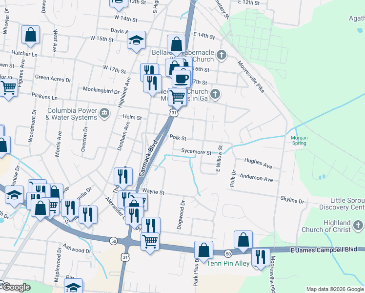 map of restaurants, bars, coffee shops, grocery stores, and more near 106 Polk Street in Columbia