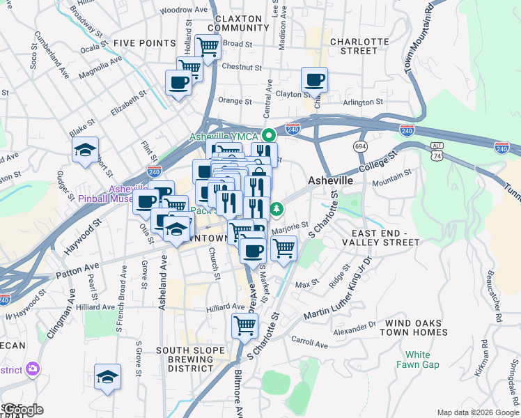 map of restaurants, bars, coffee shops, grocery stores, and more near 25 East Walnut Street in Asheville