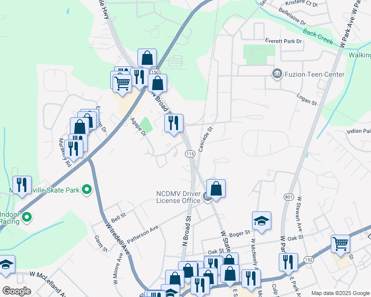map of restaurants, bars, coffee shops, grocery stores, and more near 615 Turner Street in Mooresville