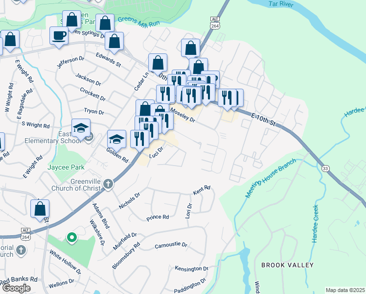 map of restaurants, bars, coffee shops, grocery stores, and more near 205 Eastbrook Drive in Greenville
