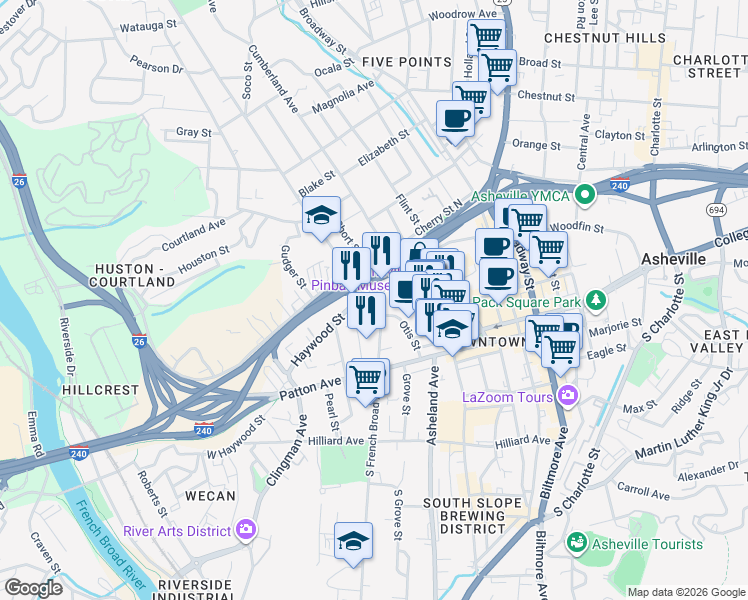 map of restaurants, bars, coffee shops, grocery stores, and more near 68 North French Broad Avenue in Asheville