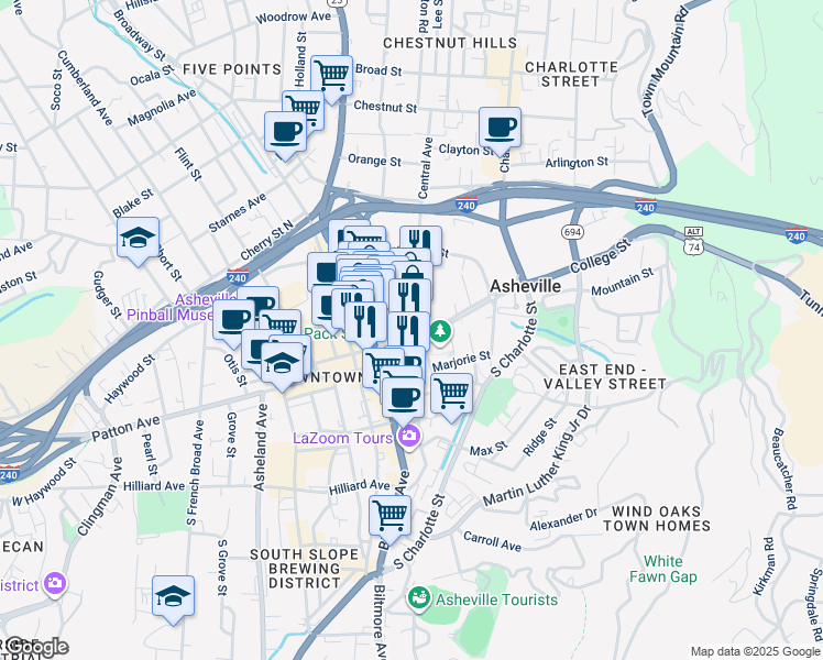 map of restaurants, bars, coffee shops, grocery stores, and more near 25 East Walnut Street in Asheville