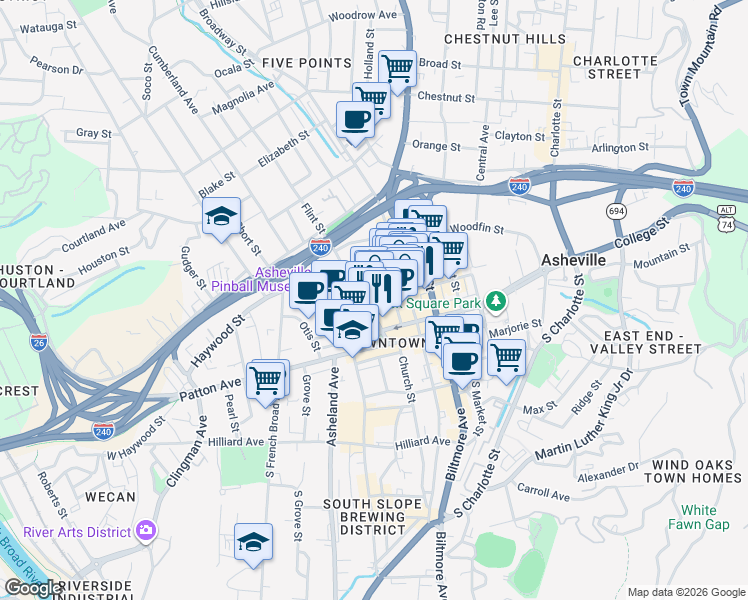 map of restaurants, bars, coffee shops, grocery stores, and more near 68 Rankin Avenue in Asheville