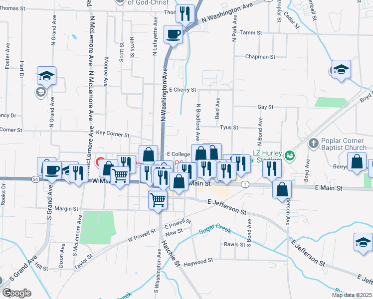 map of restaurants, bars, coffee shops, grocery stores, and more near 207 Church St in Brownsville