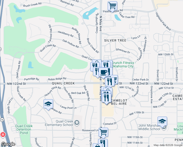 map of restaurants, bars, coffee shops, grocery stores, and more near 12408 Blue Sage Road in Oklahoma City