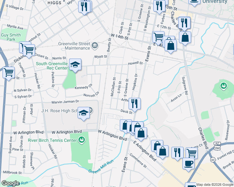 map of restaurants, bars, coffee shops, grocery stores, and more near 1805 McClellan Street in Greenville