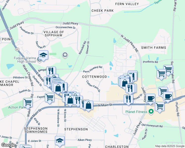 map of restaurants, bars, coffee shops, grocery stores, and more near 724 Papsworth Court in Fuquay-Varina