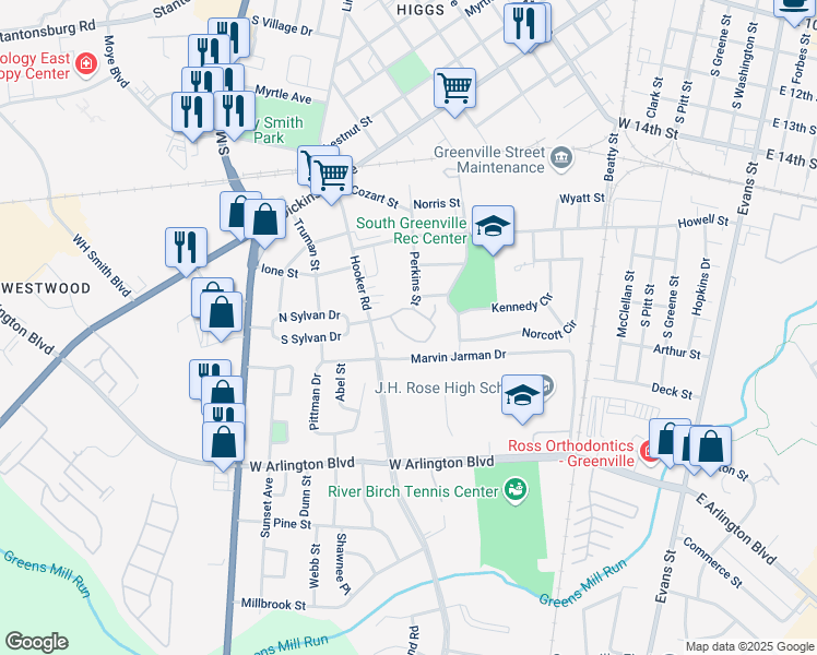 map of restaurants, bars, coffee shops, grocery stores, and more near 600 Glendale Court in Greenville