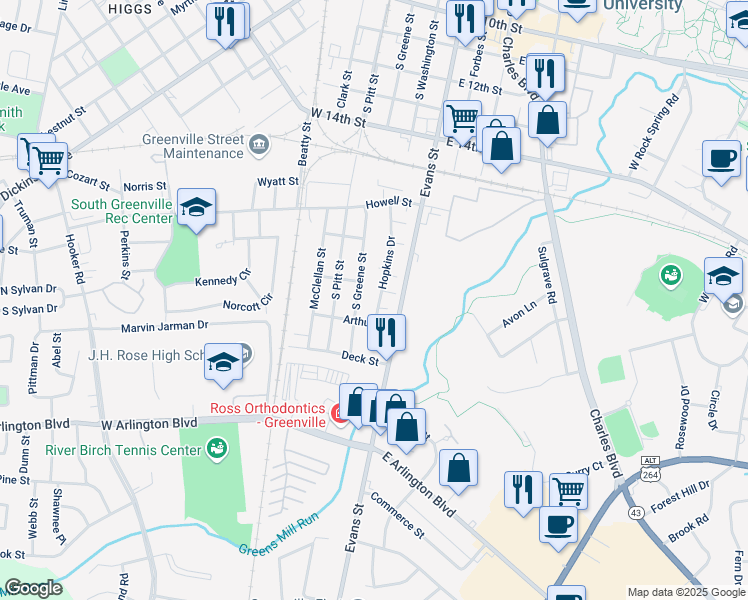 map of restaurants, bars, coffee shops, grocery stores, and more near 1800 Hopkins Drive in Greenville