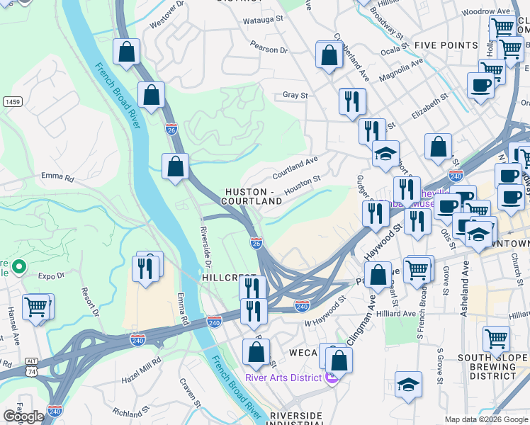 map of restaurants, bars, coffee shops, grocery stores, and more near 136 Houston Street in Asheville