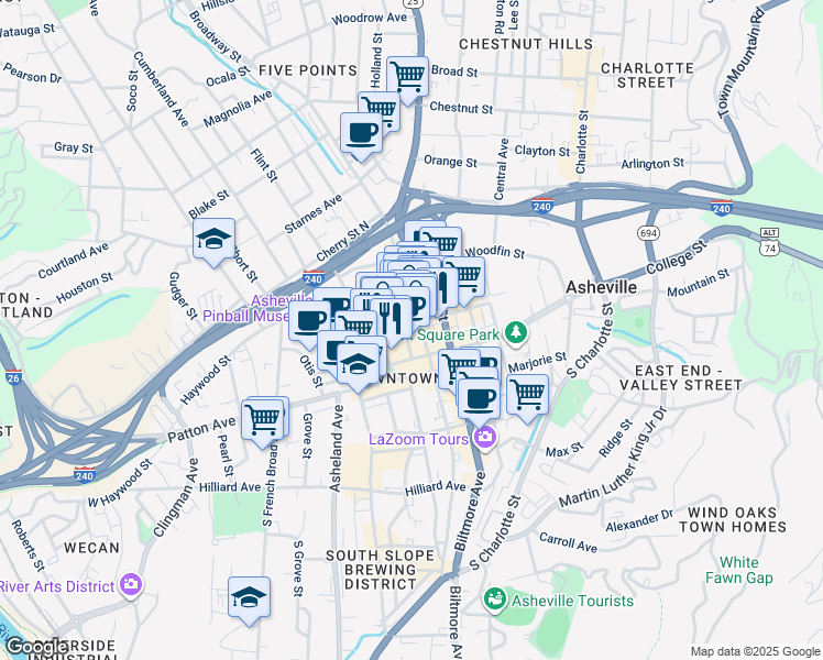 map of restaurants, bars, coffee shops, grocery stores, and more near 68 Rankin Avenue in Asheville