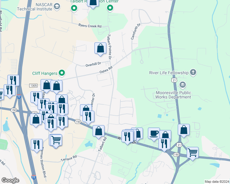 map of restaurants, bars, coffee shops, grocery stores, and more near 149 Talbert Road in Mooresville