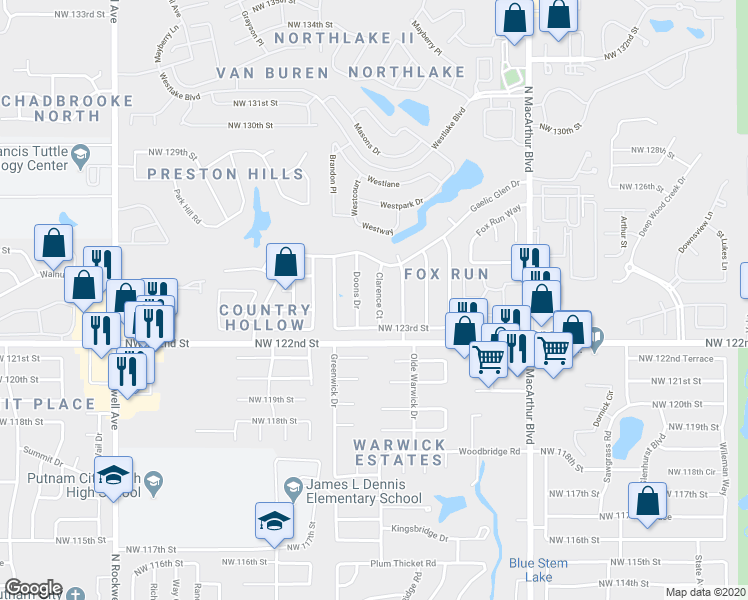 map of restaurants, bars, coffee shops, grocery stores, and more near 12421 Clarence Court in Oklahoma City