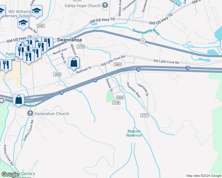 map of restaurants, bars, coffee shops, grocery stores, and more near Dennis St in Swannanoa