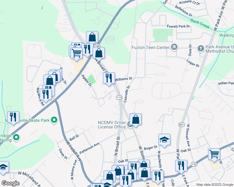 map of restaurants, bars, coffee shops, grocery stores, and more near 632 North Broad Street in Mooresville