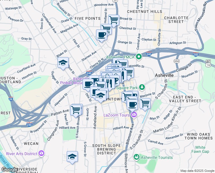 map of restaurants, bars, coffee shops, grocery stores, and more near 85 West Walnut Street in Asheville