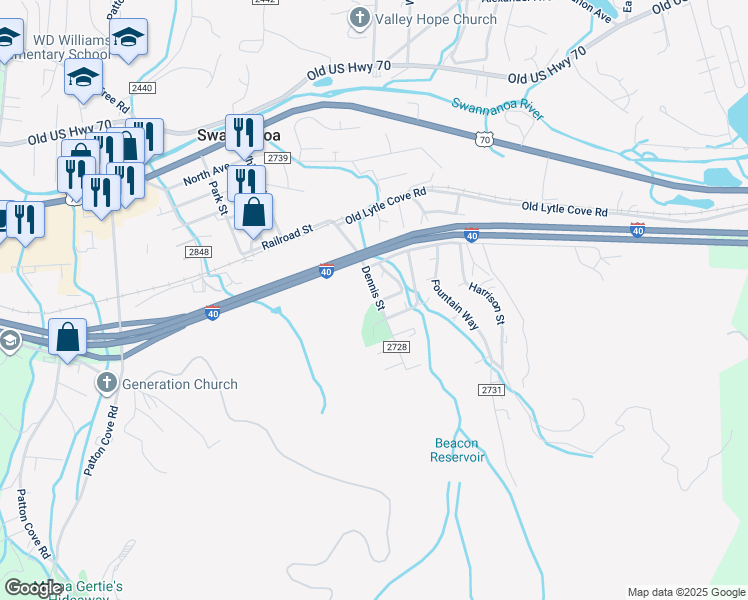 map of restaurants, bars, coffee shops, grocery stores, and more near Dennis St in Swannanoa