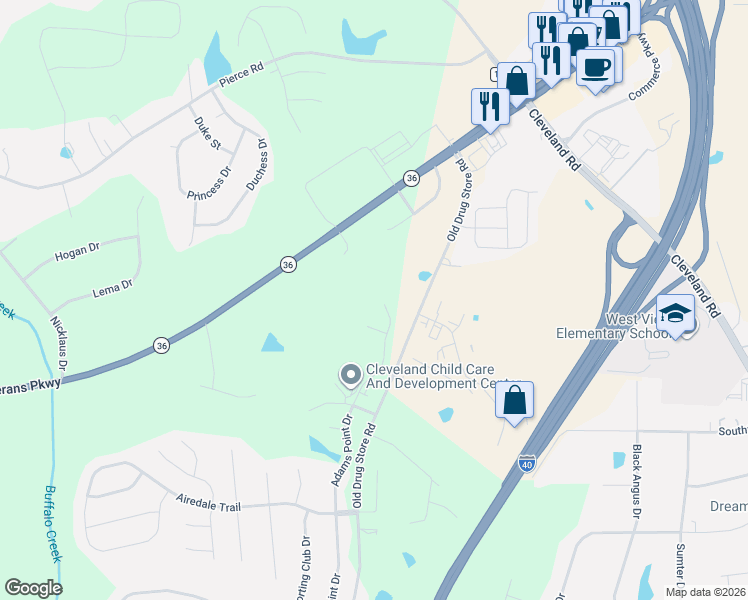 map of restaurants, bars, coffee shops, grocery stores, and more near 1217 Adams Point Drive in Garner