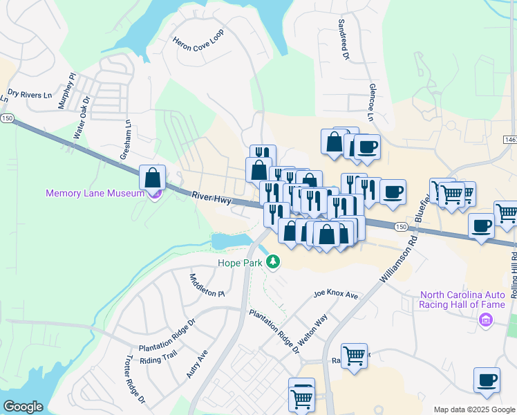 map of restaurants, bars, coffee shops, grocery stores, and more near 655 River Highway in Mooresville