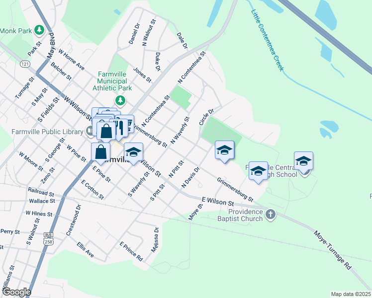 map of restaurants, bars, coffee shops, grocery stores, and more near 3314 North Pitt Street in Farmville