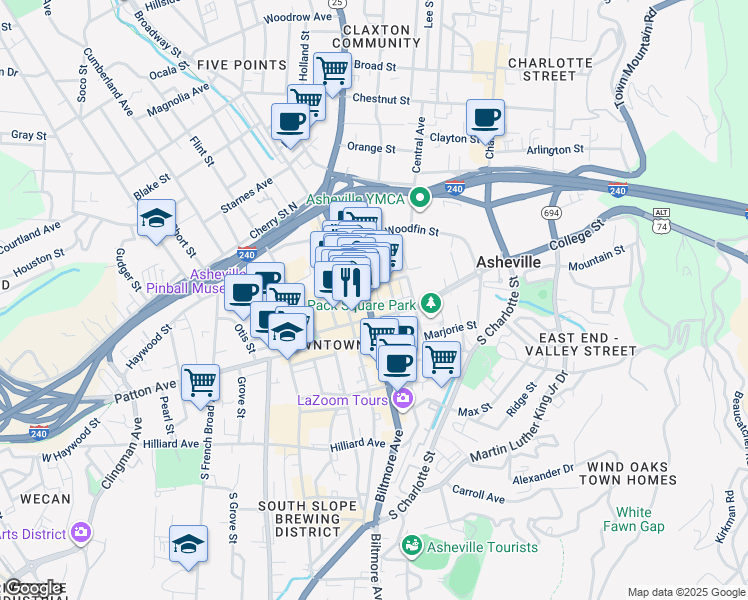 map of restaurants, bars, coffee shops, grocery stores, and more near 16 West Walnut Street in Asheville
