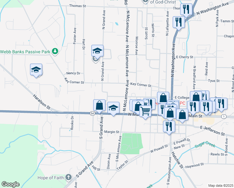 map of restaurants, bars, coffee shops, grocery stores, and more near 521 West College Street in Brownsville