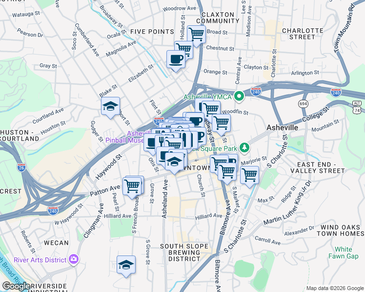 map of restaurants, bars, coffee shops, grocery stores, and more near 37 Page Avenue in Asheville