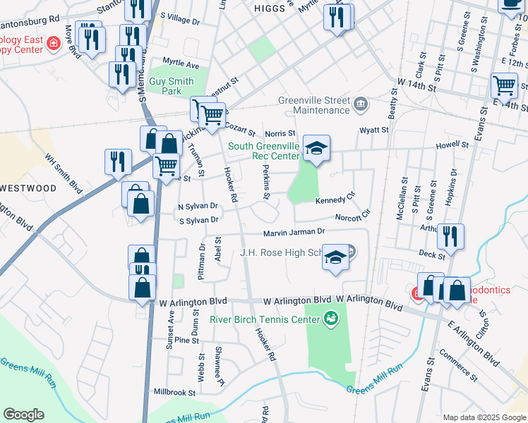 map of restaurants, bars, coffee shops, grocery stores, and more near 600 Glendale Court in Greenville