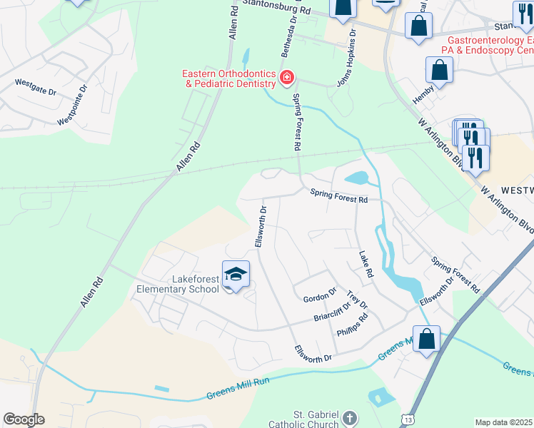 map of restaurants, bars, coffee shops, grocery stores, and more near 3501 Ellsworth Drive in Greenville