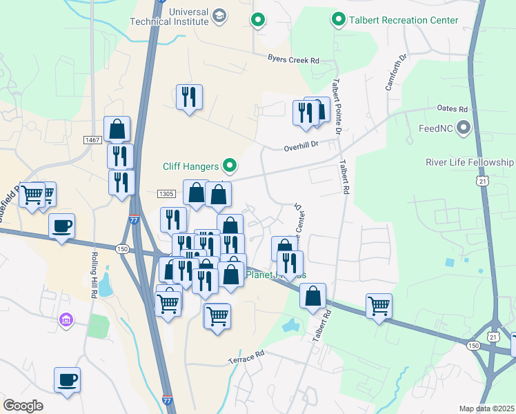 map of restaurants, bars, coffee shops, grocery stores, and more near 126 Barnhardt Loop in Mooresville