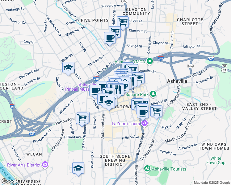map of restaurants, bars, coffee shops, grocery stores, and more near 85 West Walnut Street in Asheville