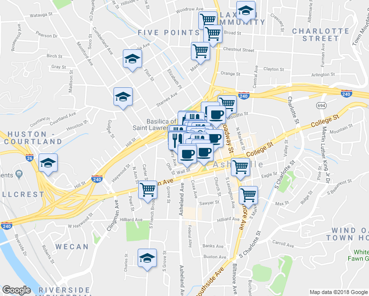 map of restaurants, bars, coffee shops, grocery stores, and more near 37 Page Avenue in Asheville
